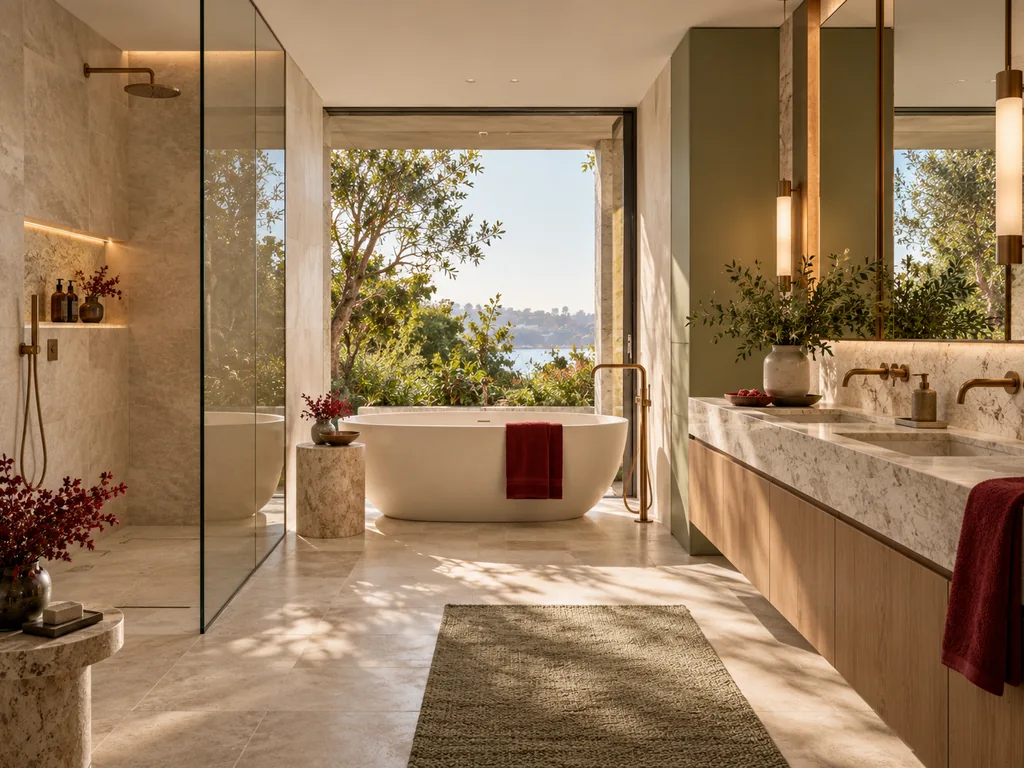 AI architectural concept of a stone spa bathroom with a freestanding bath and garden views