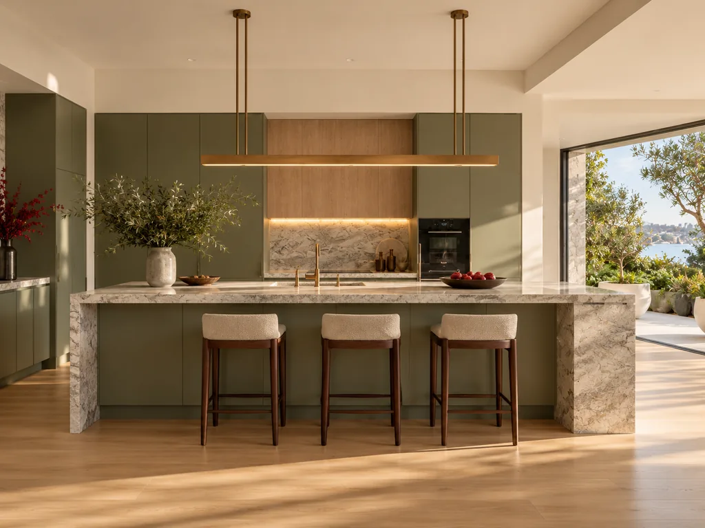 AI architectural concept of an olive-green kitchen with a stone island and water views