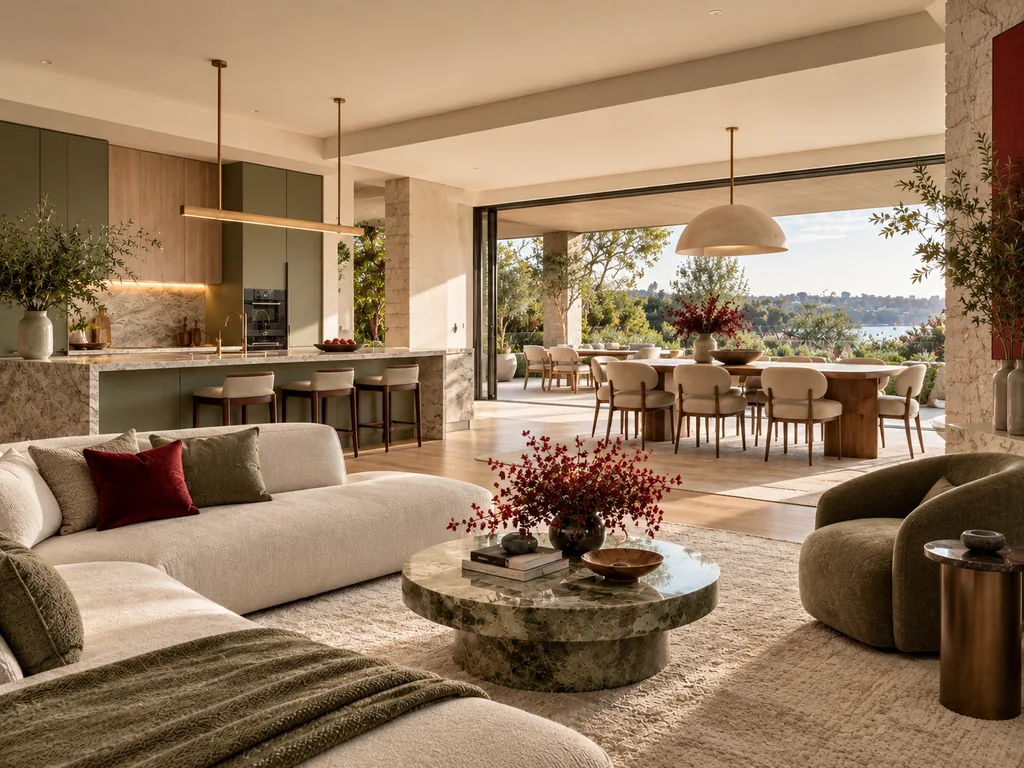 AI architectural concept of an open-plan living and dining interior in warm afternoon light